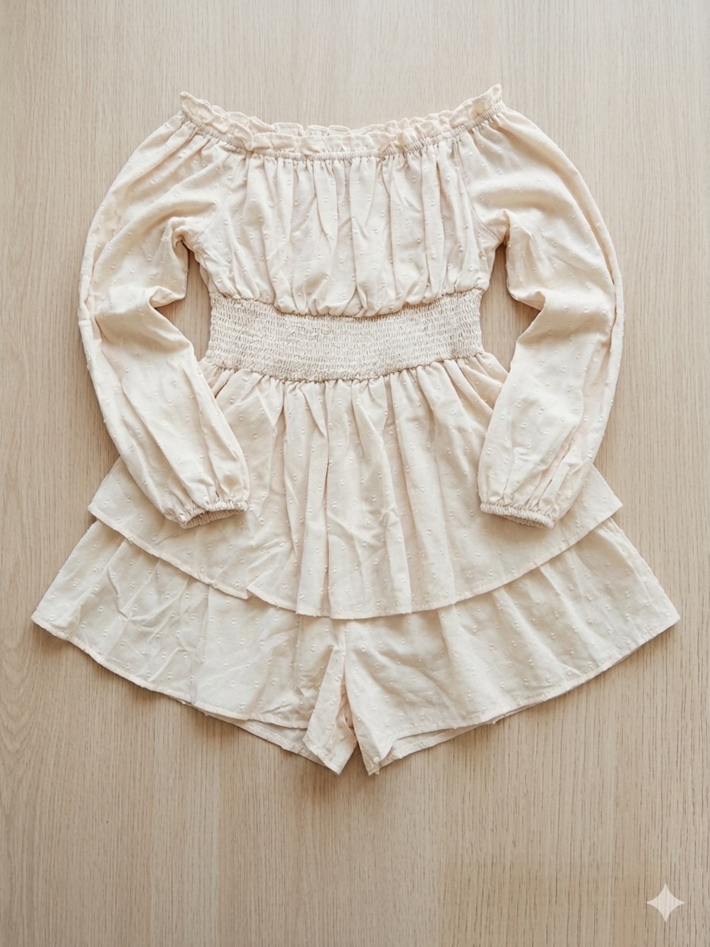 Off-Shoulder Cream Smocked-Waist Romper
